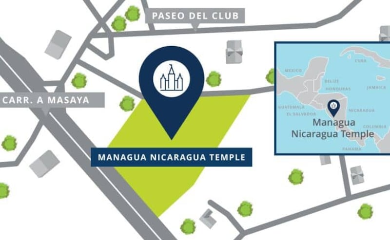 Une carte indiquant l'emplacement du temple de Managua (Nicaragua).<br>