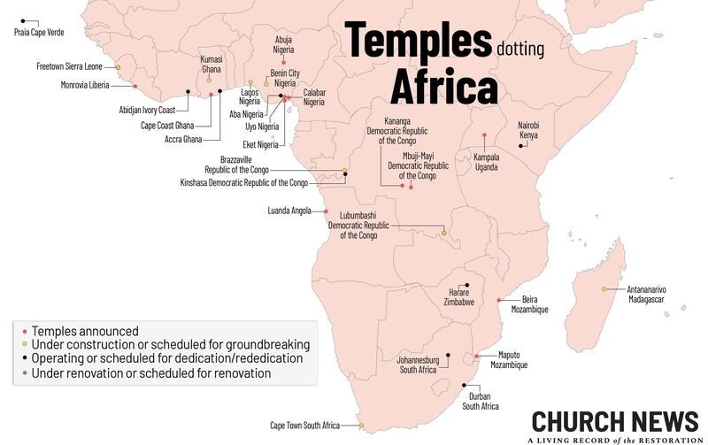La carte montre les emplacements et les statuts des temples de l'Eglise de Jesus-Christ des Saints des Derniers Jours en Afrique en date de mars 2026.
