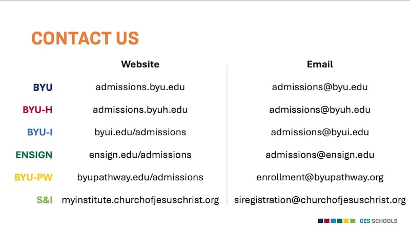 Une liste de tous les sites Web et adresses électroniques d'admission pour chacune des entités du Système éducatif de l'Église est partagée lors d'un événement diffusé en direct pour les parents et les dirigeants le mardi 1er septembre 2026.