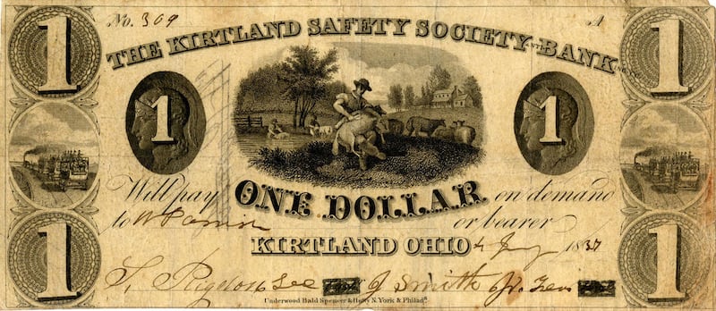 Un billet de 1 $ de la collection de pièces de monnaie et de billets de la Kirtland Safety Society conservée à la bibliothèque d'histoire de l'Église. Il s'agit de l'un des nombreux documents de la Kirtland Safety Society figurant dans le dernier volume des Joseph Smith Papers.