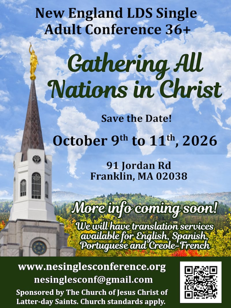 La conférence des adultes seuls de la Nouvelle-Angleterre aura lieu du 9 au 11 octobre 2026 à Franklin, dans le Massachusetts.