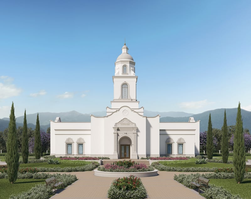 Rendu extérieur du temple de Huehuetenango, au Guatemala.