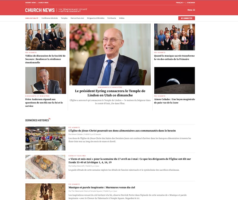 La page d'accueil du Church News en français le 29 avril 2026.