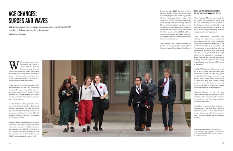 La page 15 du magazine « L'œuvre missionnaire dans L'Église de Jésus-Christ des Saints des Derniers Jours » comprend une photo de missionnaires marchant au centre de formation des missionnaires de Provo.