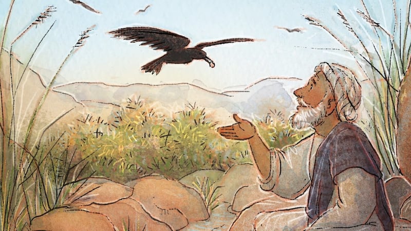Une illustration montre un corbeau apportant de la nourriture à Élie.