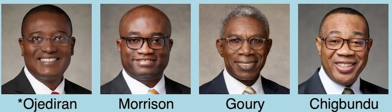 The Africa West Area presidency for 2026–2027, from left to right: Elder Adeyinka A. Ojediran, president; Elder Isaac K. Morrison; Elder D. Martin Goury; and Elder Christian C. Chigbundu.