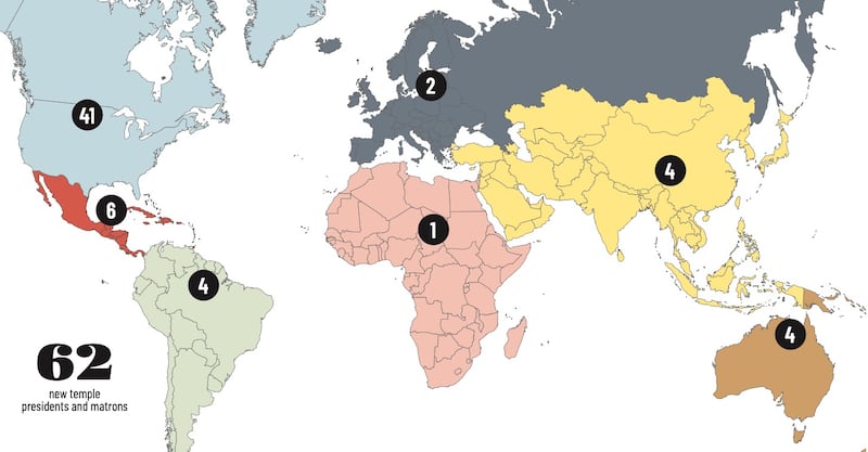 Une carte montre le nombre de maisons du Seigneur avec de nouveaux presidents et intendantes appeles a servir dans chaque region du monde.