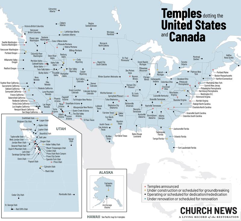 La carte montre les emplacements et les statuts des temples de l'Eglise de Jesus-Christ des Saints des Derniers Jours aux Etats-Unis et au Canada en mars 2026.