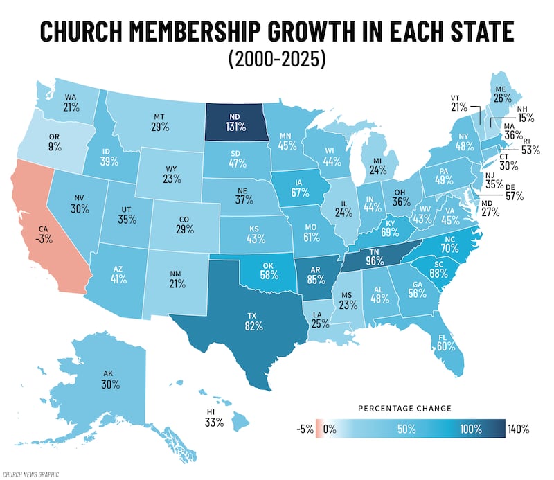 La carte montre le pourcentage d’augmentation, de 2000 à 2025, du nombre de membres de l’Église de Jésus-Christ des Saints des Derniers Jours dans chaque État américain.