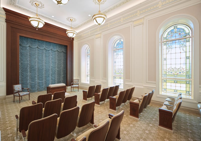Une salle d'instruction à l'intérieur du temple d'Ephraim (Utah).