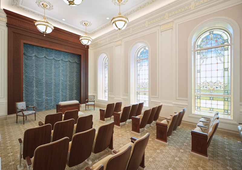 Une salle d'instruction à l'intérieur du temple d'Ephraim (Utah).