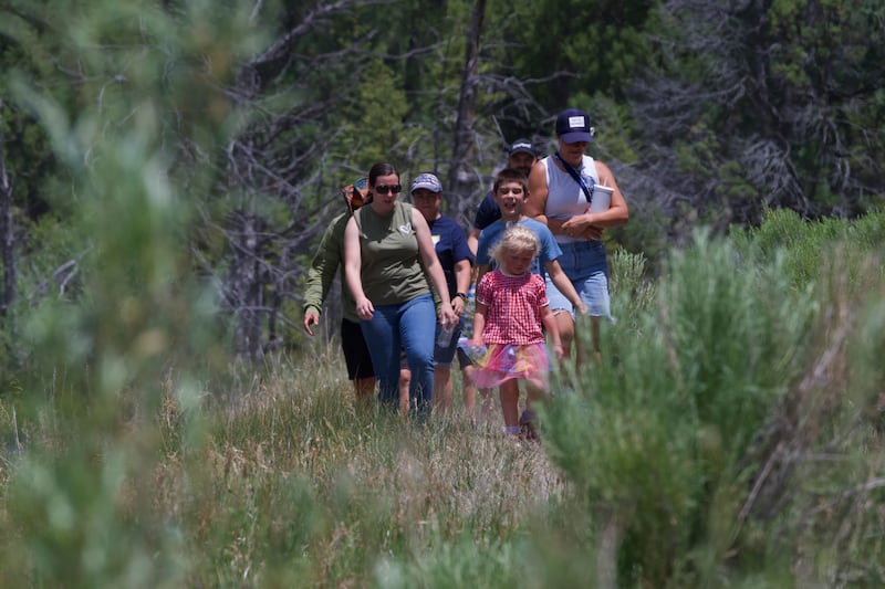 Members of the Abinadi and Hannah Seely Olsen family hike at a family reunion on Saturday, July 4, 2026, in Joe's Valley, Utah.