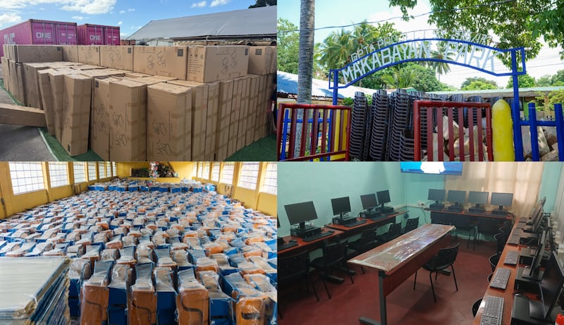 Les dons scolaires de l’Église en août 2026 comprennent, dans le sens des aiguilles d’une montre à partir d’en haut à gauche : des bureaux et des chaises à ʻApi Mataka, aux Tonga ; des chaises de classe à tablette à Leyte, aux Philippines ; du mobilier à Huehuetenango, au Guatemala ; et une salle d’informatique à Asunción, au Paraguay.