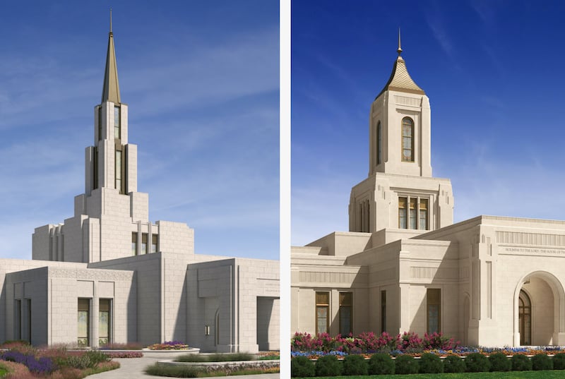 Rendus architecturaux du temple de Victoria (Colombie-Britannique), à gauche, et du temple de Tulsa (Oklahoma), à droite.
