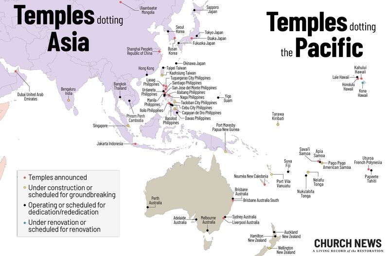 La carte montre les emplacements et les statuts des temples de l'Eglise de Jesus-Christ des Saints des Derniers Jours en Asie, en Australie et dans le Pacifique en date de mars 2026.