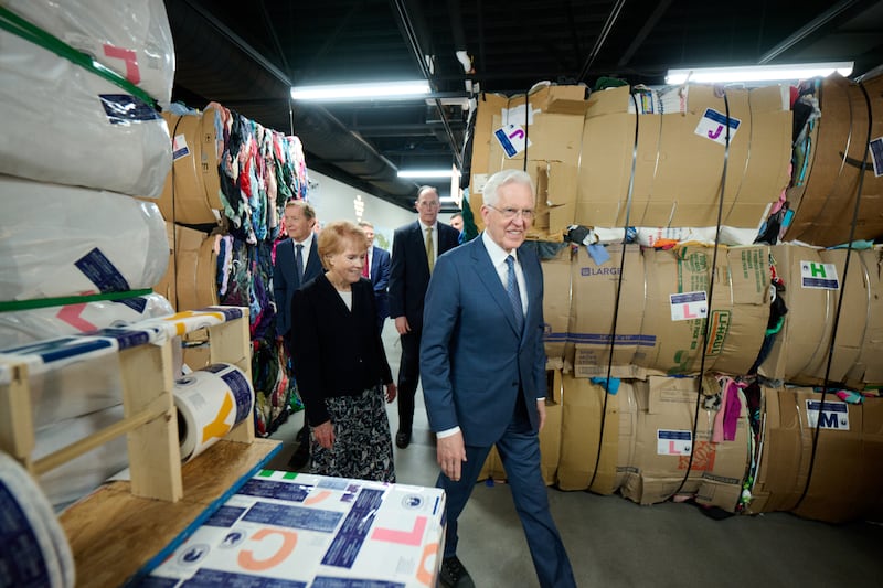 President D. Todd Christofferson, Sister Kathy Christofferson, and the Presiding Bishopric tour the Church's new Humanitarian Center in Salt Lake City on Friday, May 22, 2026.