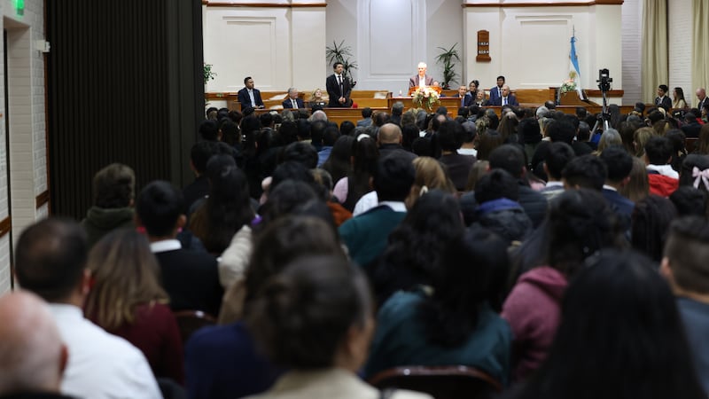 Elder David A. Bednar of the Quorum of the Twelve Apostles speaks during a special devotional in Buenos Aires, Argentina, on May 19, 2026.