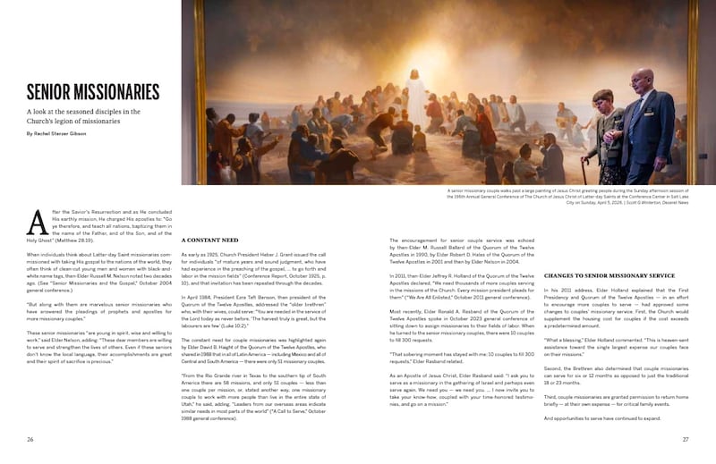 Les pages 26 et 27 du magazine « L’œuvre missionnaire dans L’Église de Jésus-Christ des Saints des Derniers Jours » contiennent un article sur les missionnaires d’âge mûr.