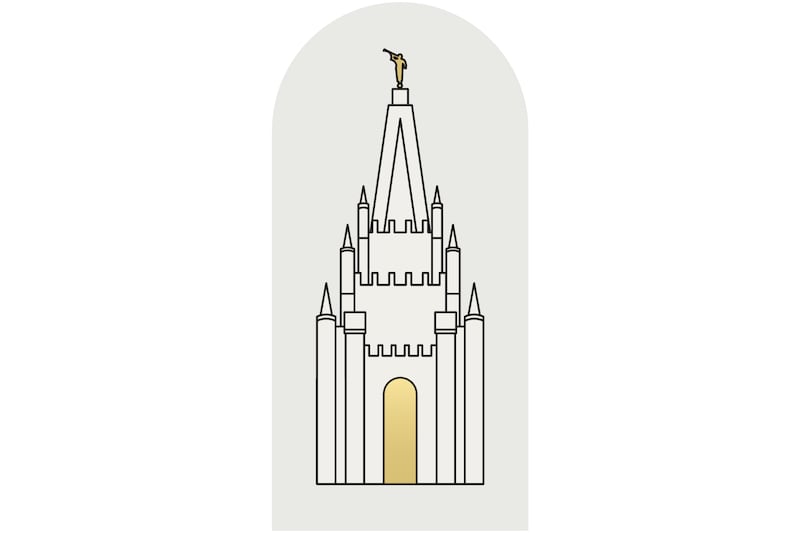 Le logo du thème des jeunes 2027 est un dessin en noir et blanc de style silhouette du temple de Salt Lake sur un fond gris avec une porte dorée et une statue dorée de l'ange Moroni.