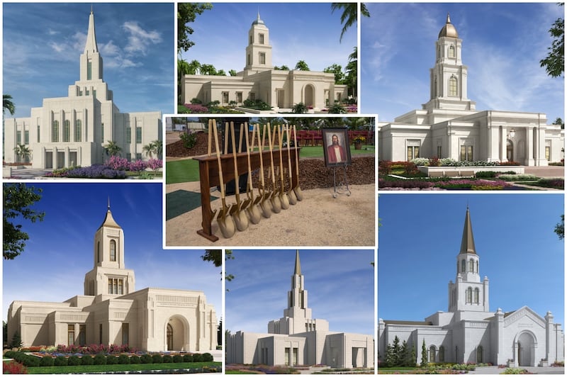Six illustrations de temples, avec une photo de pelles de cérémonie d'ouverture du chantier et une peinture du Christ.