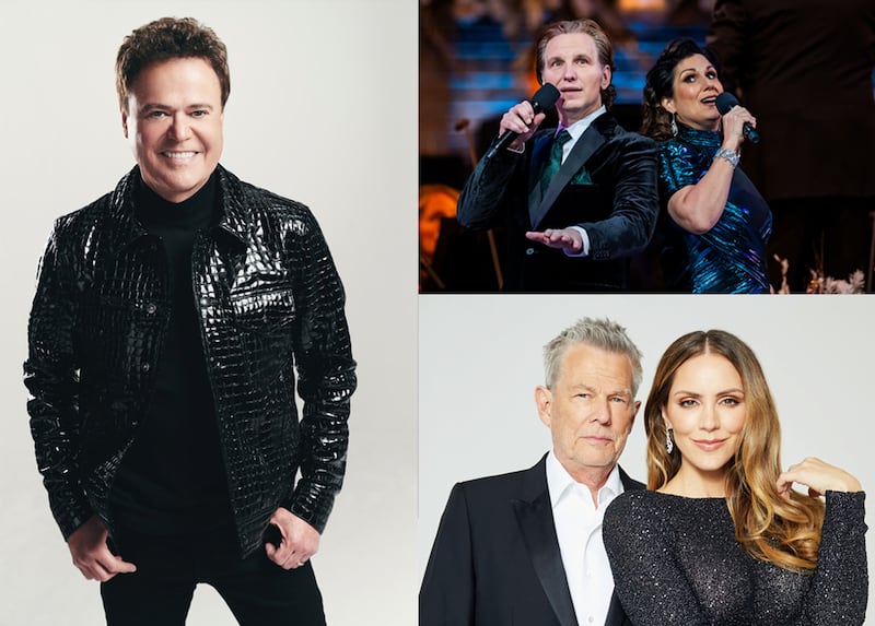 Donny Osmond, a gauche ; Sebastian Arcelus et Stephanie J. Block, en haut a droite, et David Foster, Katharine McPhee, se joindront au Choeur du Tabernacle et a l'Orchestre de Temple Square en tant qu'artistes invites pour le "Concert-benefice Songs of Hope" au Hollywood Bowl a Los Angeles, en Californie, les 24 et 25 juin 2026.