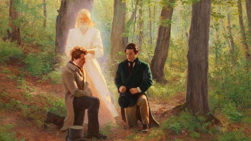 "Upon You My Fellow Servants" est une oeuvre de Linda Curley Christensen et Michael Malm. Cette peinture a l'huile sur toile represente Jean-Baptiste conferant la Pretrise d'Aaron a Joseph Smith tandis qu'Oliver Cowdery est agenouille a cote de lui.