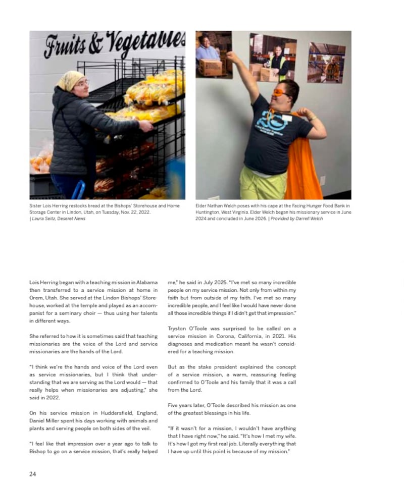 La page 24 du magazine L’œuvre missionnaire dans L’Église de Jésus-Christ des Saints des Derniers Jours contient un article sur les missionnaires de service.