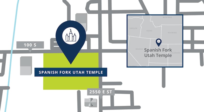 Une carte avec un repère indiquant l'emplacement du site du temple de Spanish Fork (Utah), avec les routes avoisinantes.
