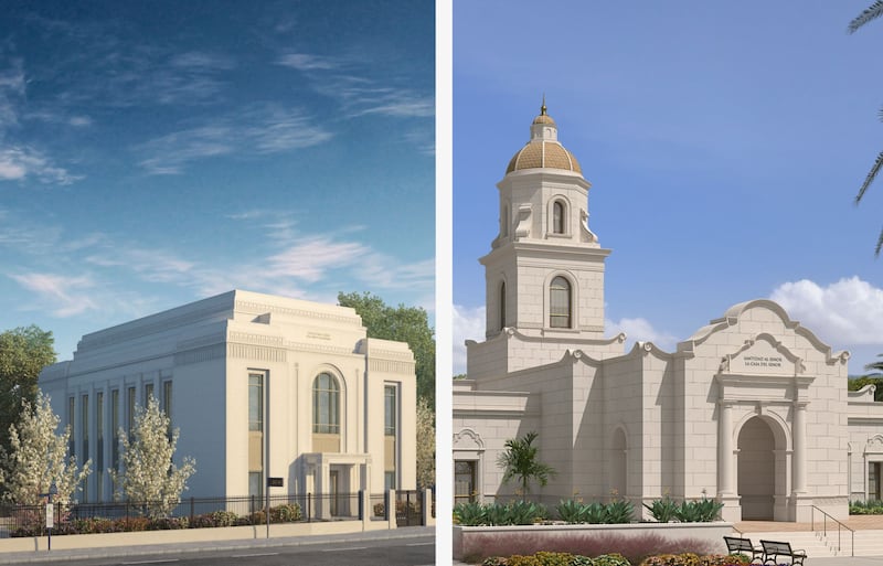 Représentations artistiques extérieures du temple de Vienne, en Autriche, à gauche, et du temple de Culiacán, au Mexique, à droite.