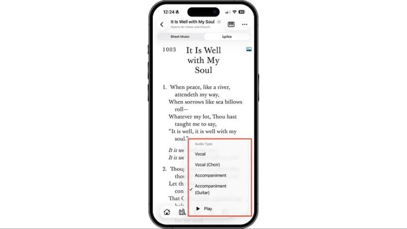 Une image de la sélection du type d'audio pour la musique dans l'application Médiathèque de l'Évangile.