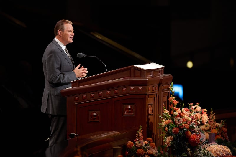Elder Gary E. Stevenson of the Quorum of the Twelve Apostles speaks during the Sunday afternoon session of the 196th Semiannual General Conference of The Church of Jesus Christ of Latter-day Saints in the Conference Center in Salt Lake City on Oct. 4, 2026.