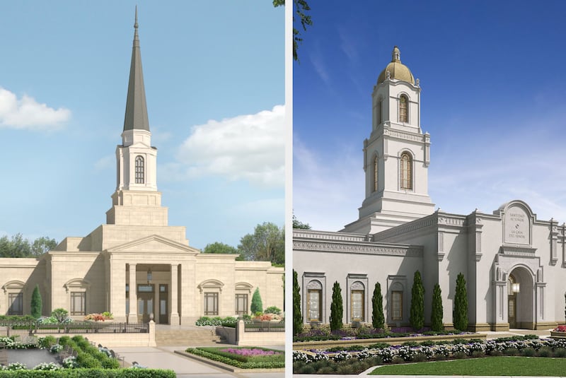 Représentations graphiques de l'extérieur du temple de Cincinnati (Ohio), à gauche, et du temple de La Paz (Bolivie), à droite.