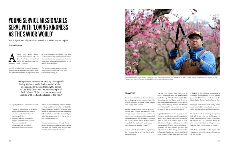 Les pages 22-23 du magazine L'œuvre missionnaire dans L'Église de Jésus-Christ des Saints des Derniers Jours contiennent un article sur les missionnaires de service.