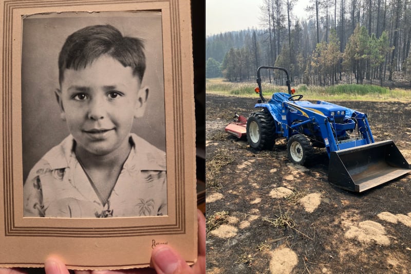 À gauche, une photo d'enfance du père d'Andrea Abeyta, Corn Abeyta, qu'elle a sauvée de sa maison avant qu'elle ne soit détruite dans l'un des incendies de forêt de Spokane plus tôt en août. À droite, le tracteur de son défunt père a survécu indemne à l'incendie.