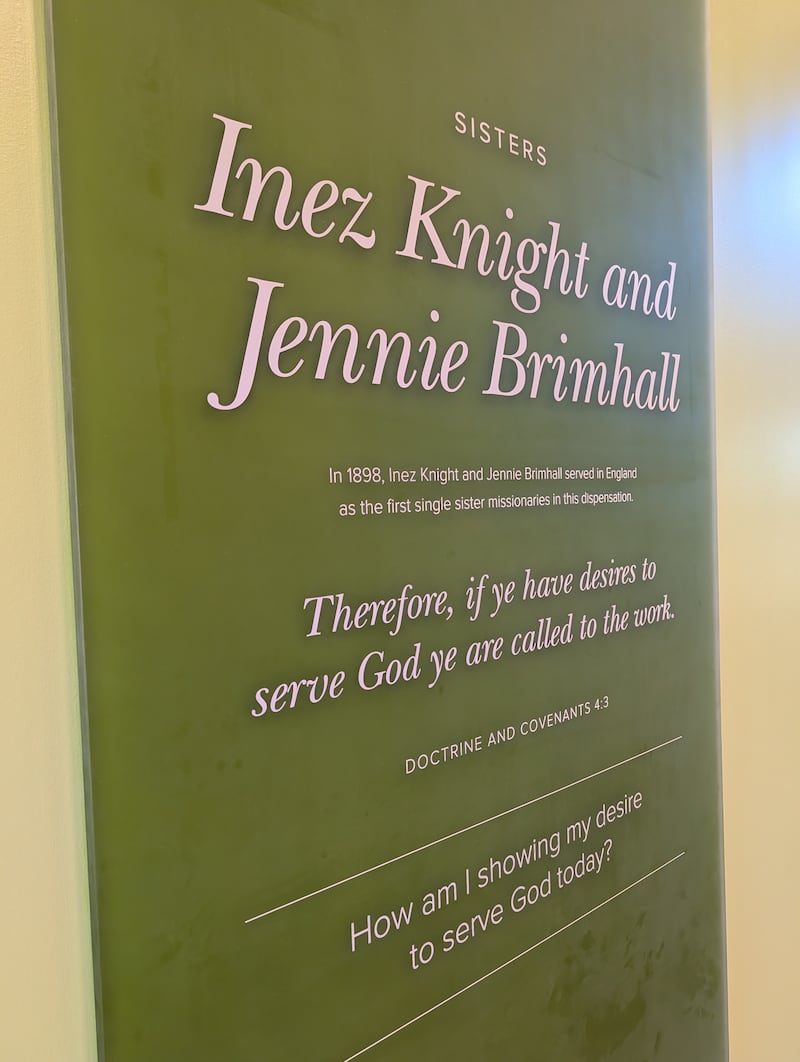 A plaque at the Provo Missionary Training Center in Provo, Utah, recognizes the first single sisters to serve as full-time missionaries. In 1898, Inez Knight and Jennie Brimhall began serving in England.