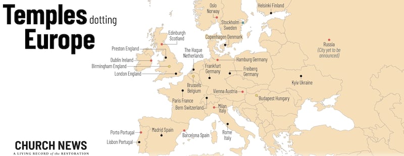 La carte montre les emplacements et les statuts des temples de l'Église de Jésus-Christ des Saints des Derniers Jours en Europe en mars 2026.
