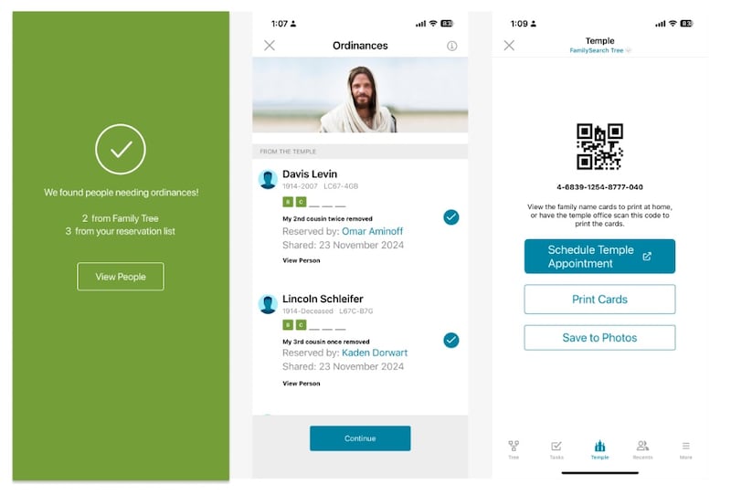Des captures d'écran montrent les étapes pour utiliser l'outil Ordonnances prêtes dans l'application Arbre familial de FamilySearch.
