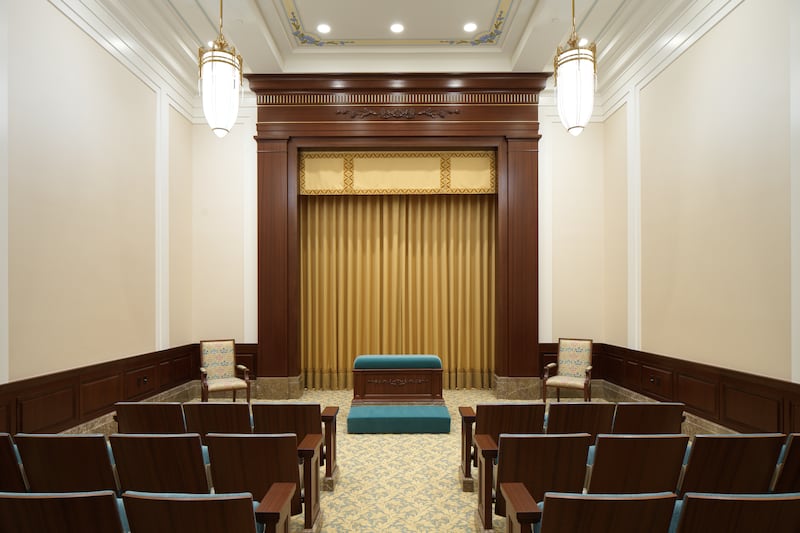 Une salle d'instruction à l'intérieur du temple de Montpelier (Idaho).
