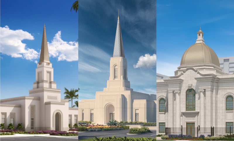 Représentations graphiques extérieures des temples d'Eket (Nigeria), de Calabar (Nigeria) et de Viña del Mar (Chili).