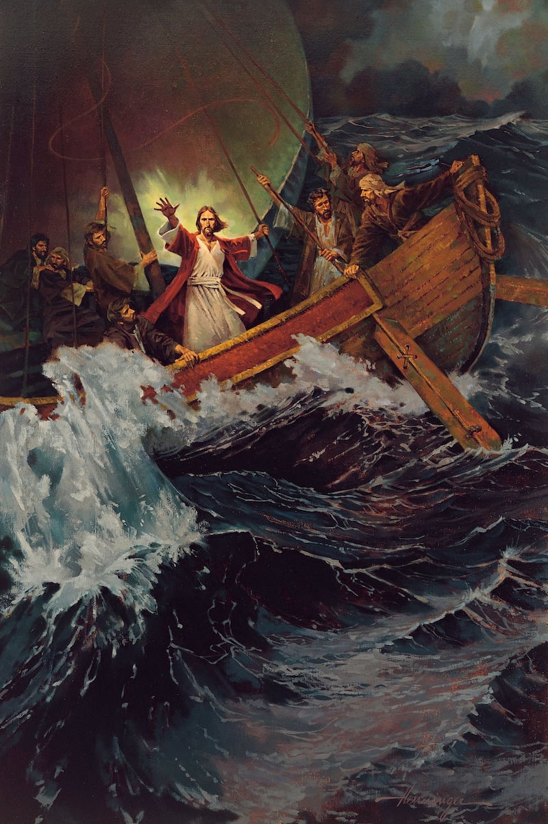 Jésus calme et apaise la tempête sur la mer de Galilée dans un tableau de Ted Henninger