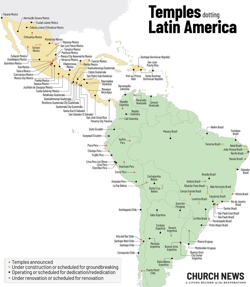 La carte montre les emplacements et les statuts des temples de l'Eglise de Jesus-Christ des Saints des Derniers Jours au Mexique, en Amerique centrale, dans les Caraibes et en Amerique du Sud, en date de mars 2026.