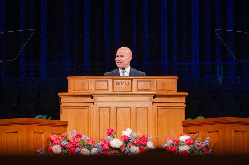 Alvin F. Meredith III, president de l'Universite Brigham Young-Idaho, s'exprime lors d'une devotionnelle sur le campus le mardi 21 avril 2026, a Rexburg, en Idaho.