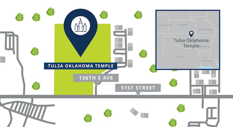 Une carte avec une épingle indiquant l'emplacement du site du temple de Tulsa, Oklahoma, avec les routes à proximité.