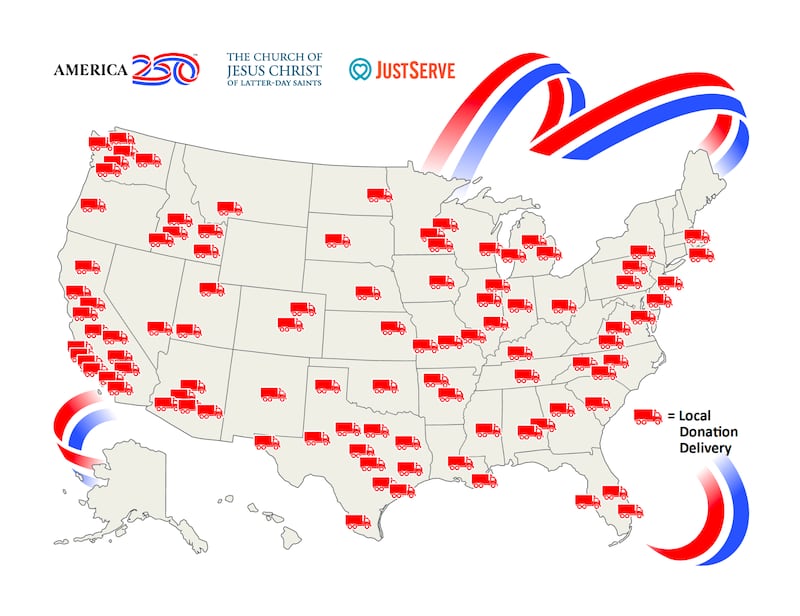 Une illustration de l'Eglise de Jesus-Christ des Saints des Derniers Jours montre de multiples dons — par camions entiers — effectues a travers les Etats-Unis en date de mai 2026.