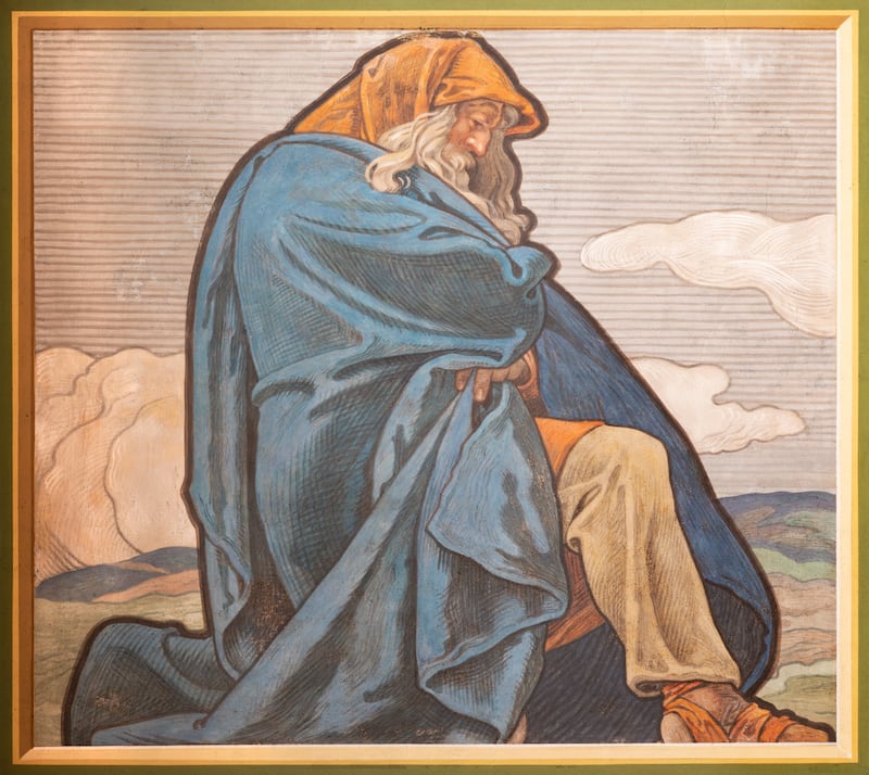Cette fresque du roi Ézéchias est de Felix Jenewein (1857-1905) et est visible dans l'église Neuottakringer Pfarrkirche à Vienne, en Autriche, le 5 juillet 2021.