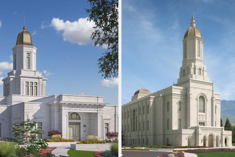 Illustrations architecturales du temple de Knoxville (Tennessee), à gauche, et du temple de Smithfield (Utah), à droite.