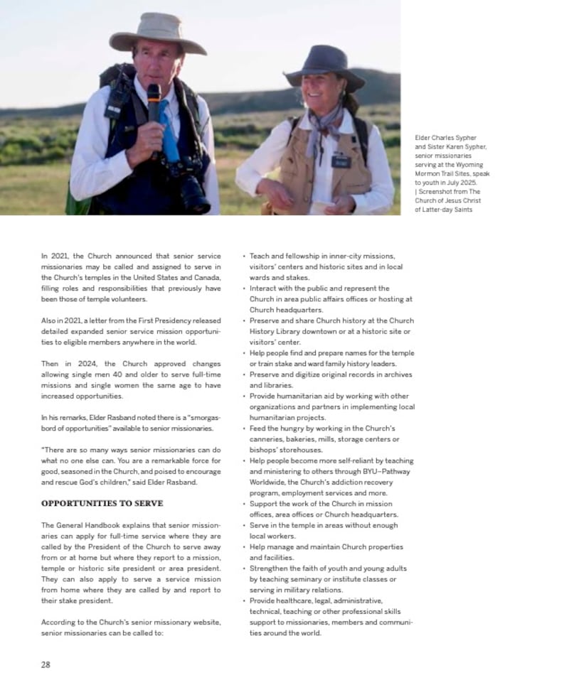 La page 28 du magazine L’œuvre missionnaire dans L’Église de Jésus-Christ des Saints des Derniers Jours comprend un article sur les missionnaires seniors.