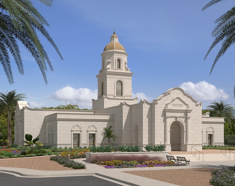 Une représentation artistique de l'extérieur du temple de Culiacán, au Mexique.