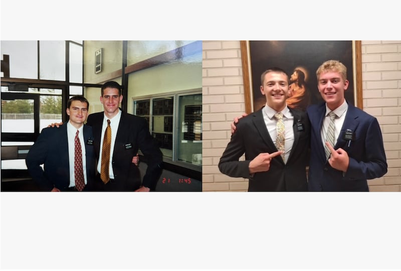 Deux photos montrent deux pères pendant leur mission dans l'Ohio et leurs fils pendant leur mission en Argentine.