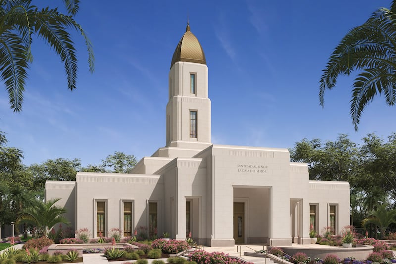 Une illustration de l'extérieur du temple de Piura (Pérou).